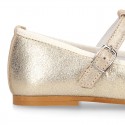 METAL soft suede leather T-strap little girl Mary Jane shoes.