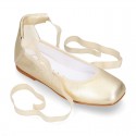 METALLIC leather Ballet flat shoes dancer style with square toe cap.