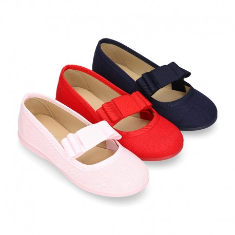 COTTON canvas little Ballet flat shoes with elastic band and BOW.