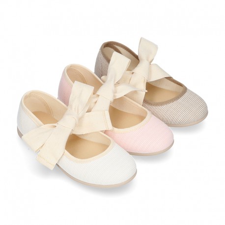 STRIPES cotton canvas little Mary Jane shoes angel style with bow.