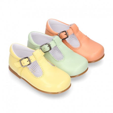 Nappa leather T-Strap shoes with buckle fastening in FASHION colors.