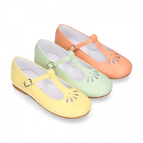 Nappa leather Little T-Strap OKAA Mary Jane shoes with perforated design in seasonal colors.