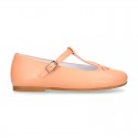 Nappa leather Little T-Strap OKAA Mary Jane shoes with perforated design in seasonal colors.