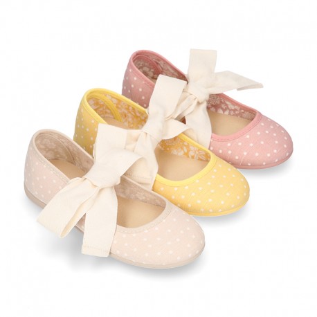 POLKA DOTS cotton canvas little Mary Jane shoes angel style with bow.