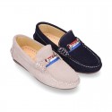 NEW suede leather Moccasin shoes with stirrup and flag details for toddler boys.