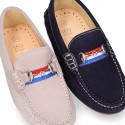 NEW suede leather Moccasin shoes with stirrup and flag details for toddler boys.