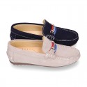 NEW suede leather Moccasin shoes with stirrup and flag details for toddler boys.