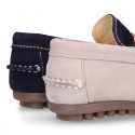 NEW suede leather Moccasin shoes with stirrup and flag details for toddler boys.