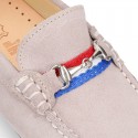 NEW suede leather Moccasin shoes with stirrup and flag details for toddler boys.