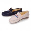 NEW suede leather Moccasin shoes with stirrup and flag details for toddler boys.