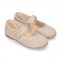 LINEN canvas little Mary Jane shoes with hook and loop strap.