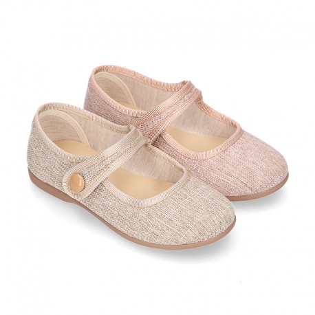 LINEN canvas little Mary Jane shoes with hook and loop strap.