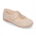 LINEN canvas little Mary Jane shoes with hook and loop strap.