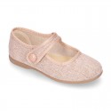 LINEN canvas little Mary Jane shoes with hook and loop strap.