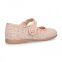 LINEN canvas little Mary Jane shoes with hook and loop strap.