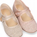 LINEN canvas little Mary Jane shoes with hook and loop strap.