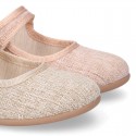 LINEN canvas little Mary Jane shoes with hook and loop strap.