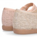 LINEN canvas little Mary Jane shoes with hook and loop strap.