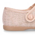 LINEN canvas little Mary Jane shoes with hook and loop strap.