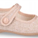 LINEN canvas little Mary Jane shoes with hook and loop strap.