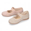 LINEN canvas little Mary Jane shoes with hook and loop strap.