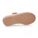LINEN canvas little Mary Jane shoes with hook and loop strap.