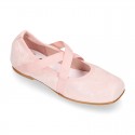 METALLIC SOFT SUEDE leather Ballet flat shoes dancer style with square toe cap.
