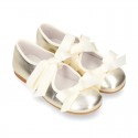 Little Angel style Girl ballet flat shoes with ribbon in metal finish leather.