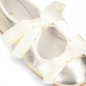 Little Angel style Girl ballet flat shoes with ribbon in metal finish leather.