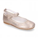 Soft suede leather little girl Mary Janes GILDA style in nude metal color.