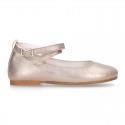 Soft suede leather little girl Mary Janes GILDA style in nude metal color.