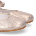 Soft suede leather little girl Mary Janes GILDA style in nude metal color.