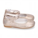 Soft suede leather little girl Mary Janes GILDA style in nude metal color.