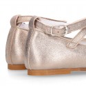 Soft suede leather little girl Mary Janes GILDA style in nude metal color.