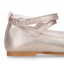 Soft suede leather little girl Mary Janes GILDA style in nude metal color.