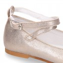 Soft suede leather little girl Mary Janes GILDA style in nude metal color.