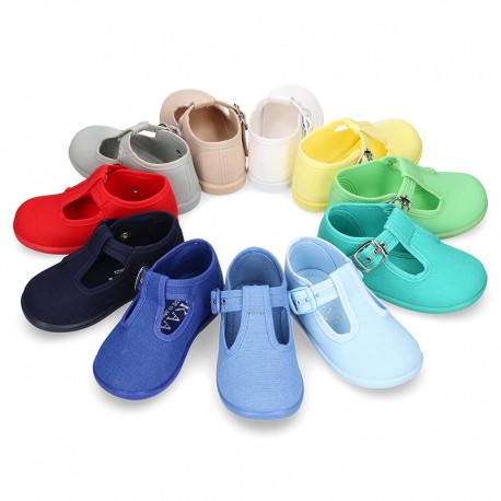 Cotton Canvas Pepito or T-strap shoes with buckle fastening for little kids.