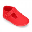 Cotton Canvas Pepito or T-strap shoes with buckle fastening for little kids.