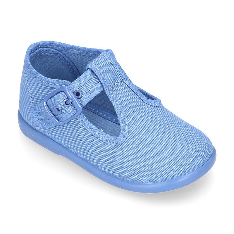 Cotton Canvas Pepito or T-strap shoes with buckle fastening for little ...