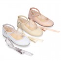 METAL canvas Mary Janes dancer style with crossed silk ribbons or buckle fastening.