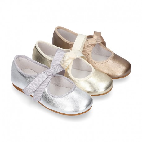 Girl Little Angel style ballet flat shoes in METAL Nappa leather.