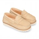 Classic kids suede leather Moccasin shoes with detail mask and spring summer soles.