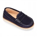 Classic kids suede leather Moccasin shoes with detail mask and spring summer soles.