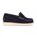 Classic kids suede leather Moccasin shoes with detail mask and spring summer soles.