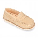 Classic kids suede leather Moccasin shoes with detail mask and spring summer soles.