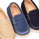 Classic kids suede leather Moccasin shoes with detail mask and spring summer soles.