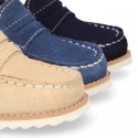 Classic kids suede leather Moccasin shoes with detail mask and spring summer soles.