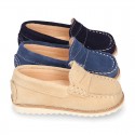 Classic kids suede leather Moccasin shoes with detail mask and spring summer soles.