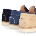 Classic kids suede leather Moccasin shoes with detail mask and spring summer soles.