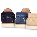 Classic kids suede leather Moccasin shoes with detail mask and spring summer soles.